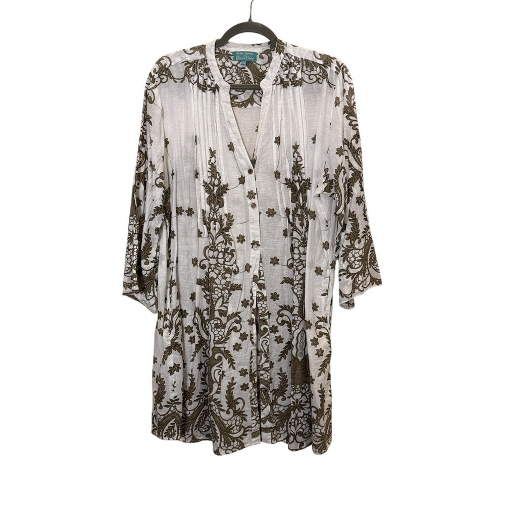 Antica Santoria Women’s White and Olive Floral Block Print Cotton Tunic Sz